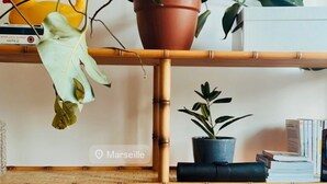 Une étagère en bambou avec des plantes en pot, un panier jaune et un tableau encadré.