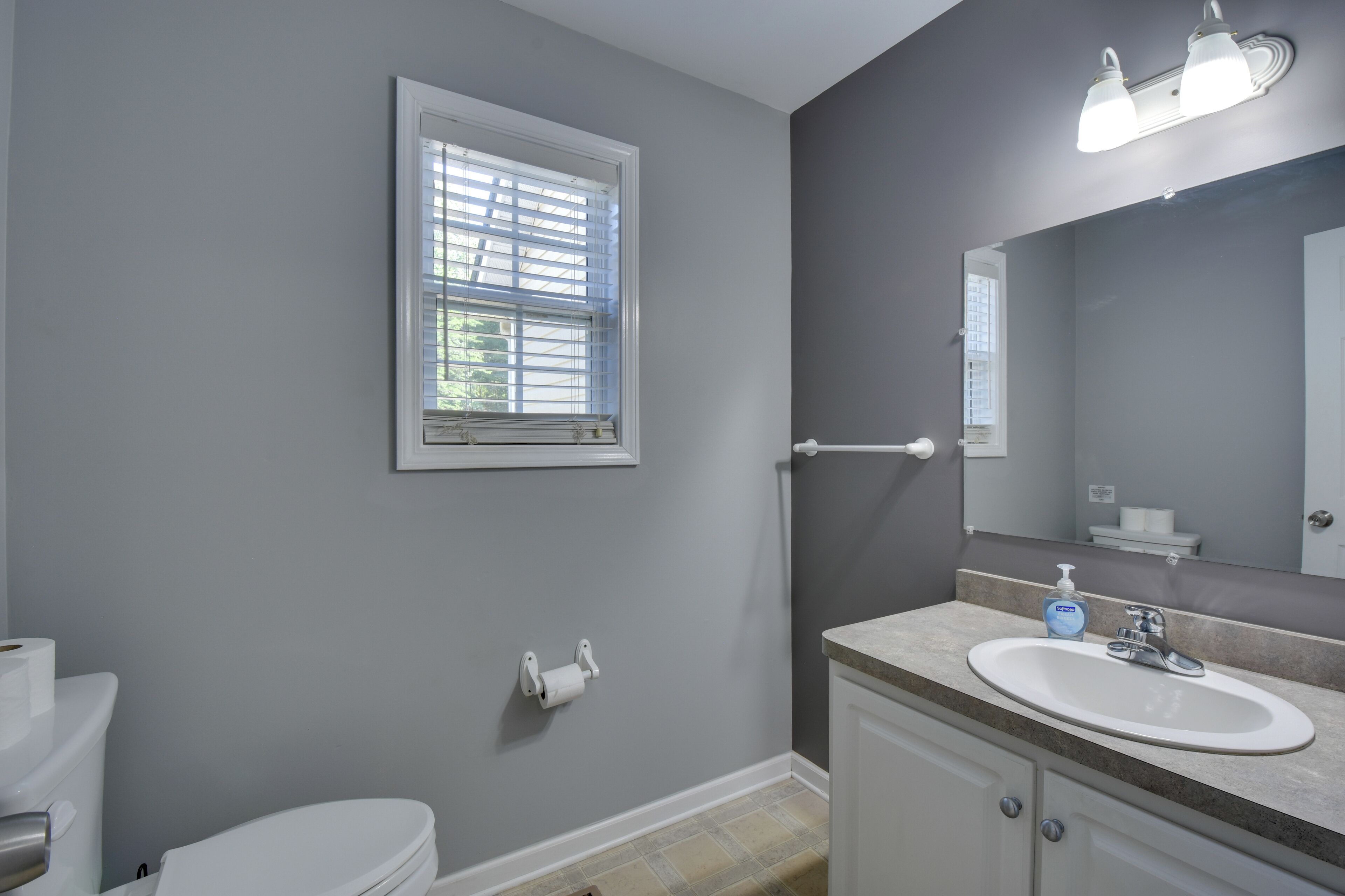 A bathroom with a toilet, sink, and window.