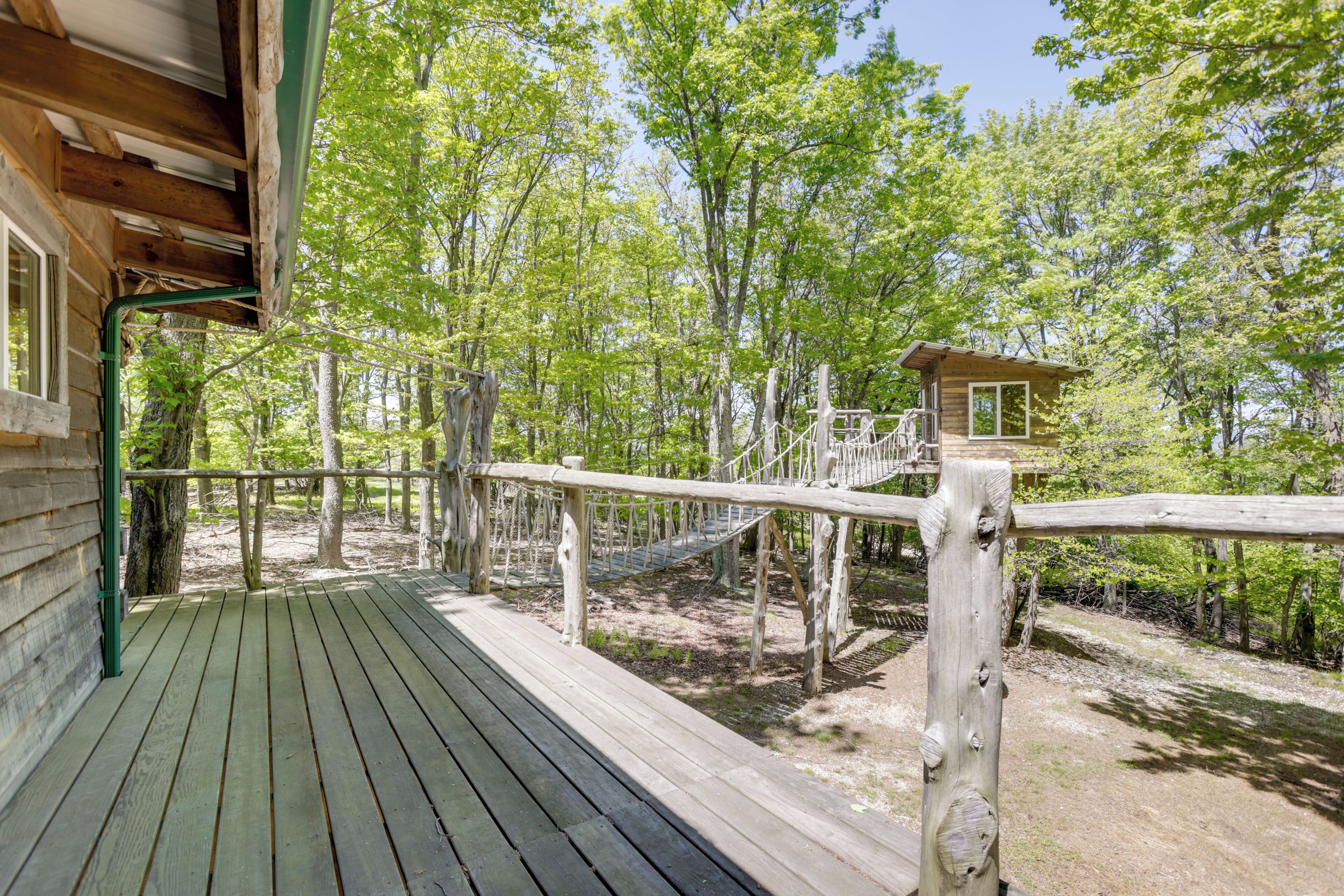 A wooden deck with a rope bridge, surrounded by trees.