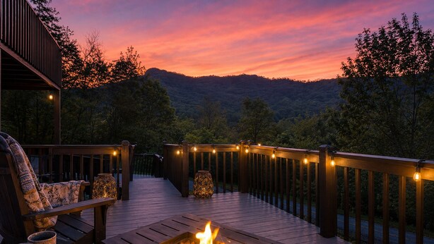 Eine Terrasse mit Feuerstelle, Sitzgelegenheiten und Lichterketten.