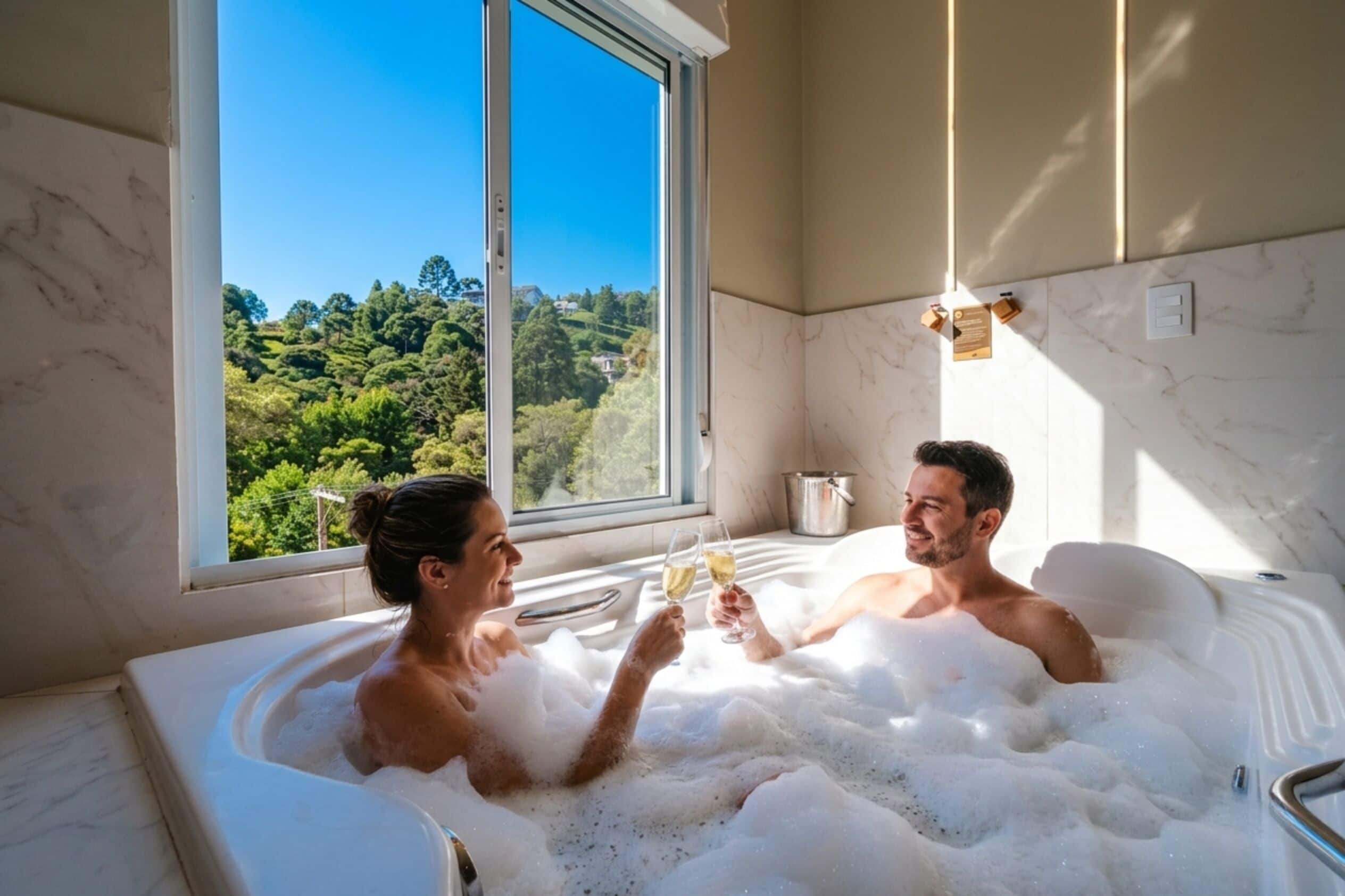 Une pièce dotée d’une grande fenêtre, d’une baignoire remplie de mousse et offrant une vue sur la verdure environnante.