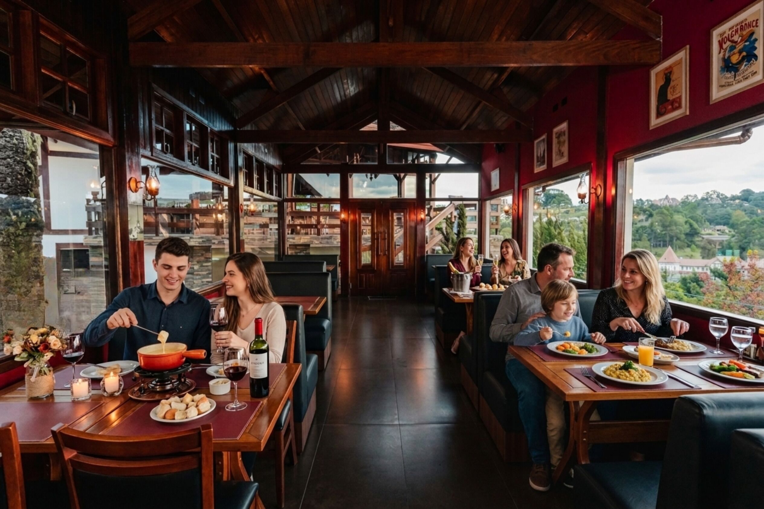 A restaurant with wooden interiors, large windows, and a view of the countryside.
