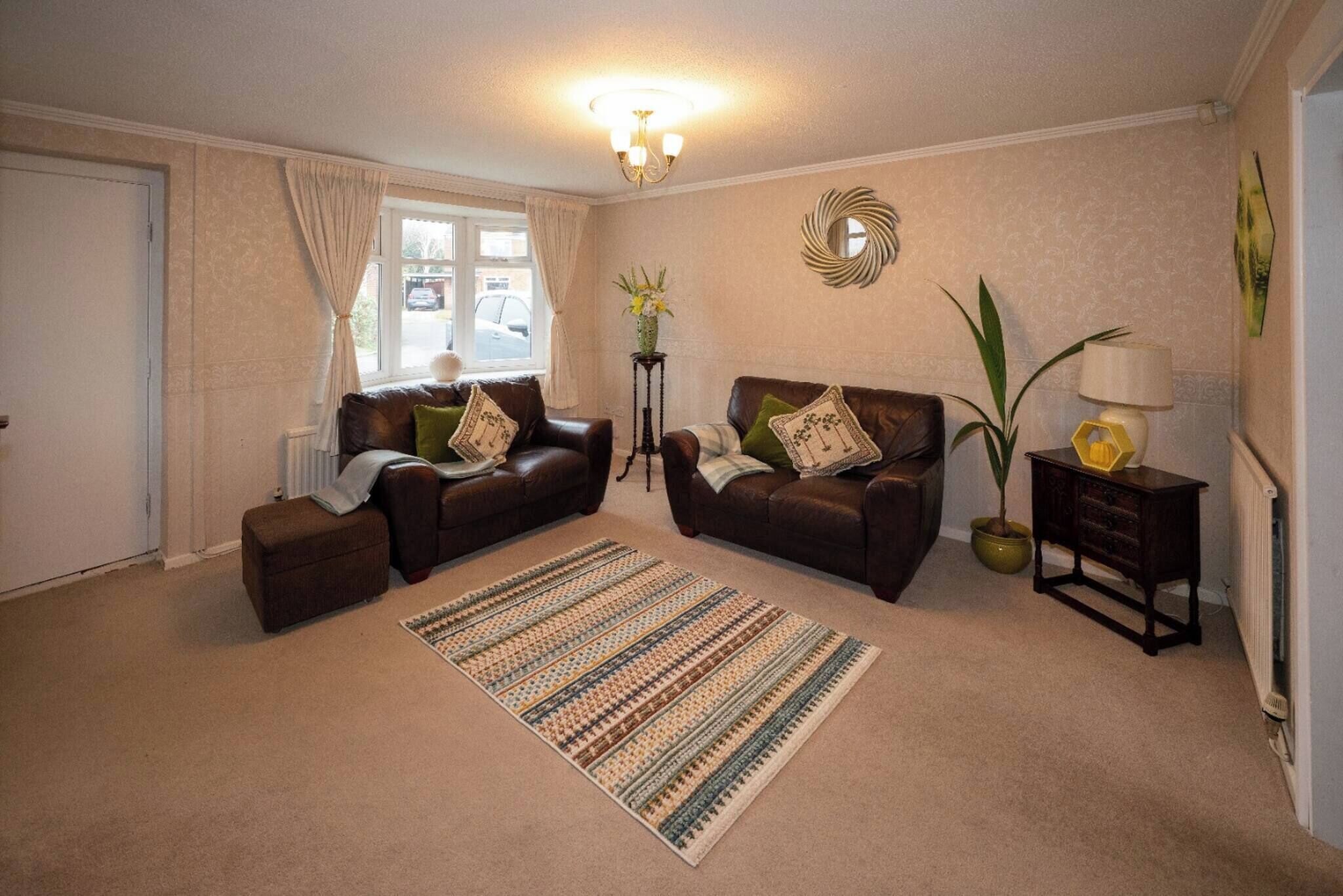 A living room with two brown sofas, a patterned rug, a potted plant, a lamp, and a decorative wall piece.