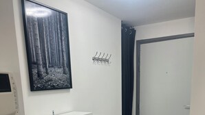 A room with a white cabinet, a framed picture on the wall, a door with a curtain, and a patterned rug. - Studio parking clim wifi parking downtown (Béziers)
