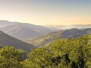 Eine gebirgige Landschaft mit üppiger Vegetation und klarem Himmel.