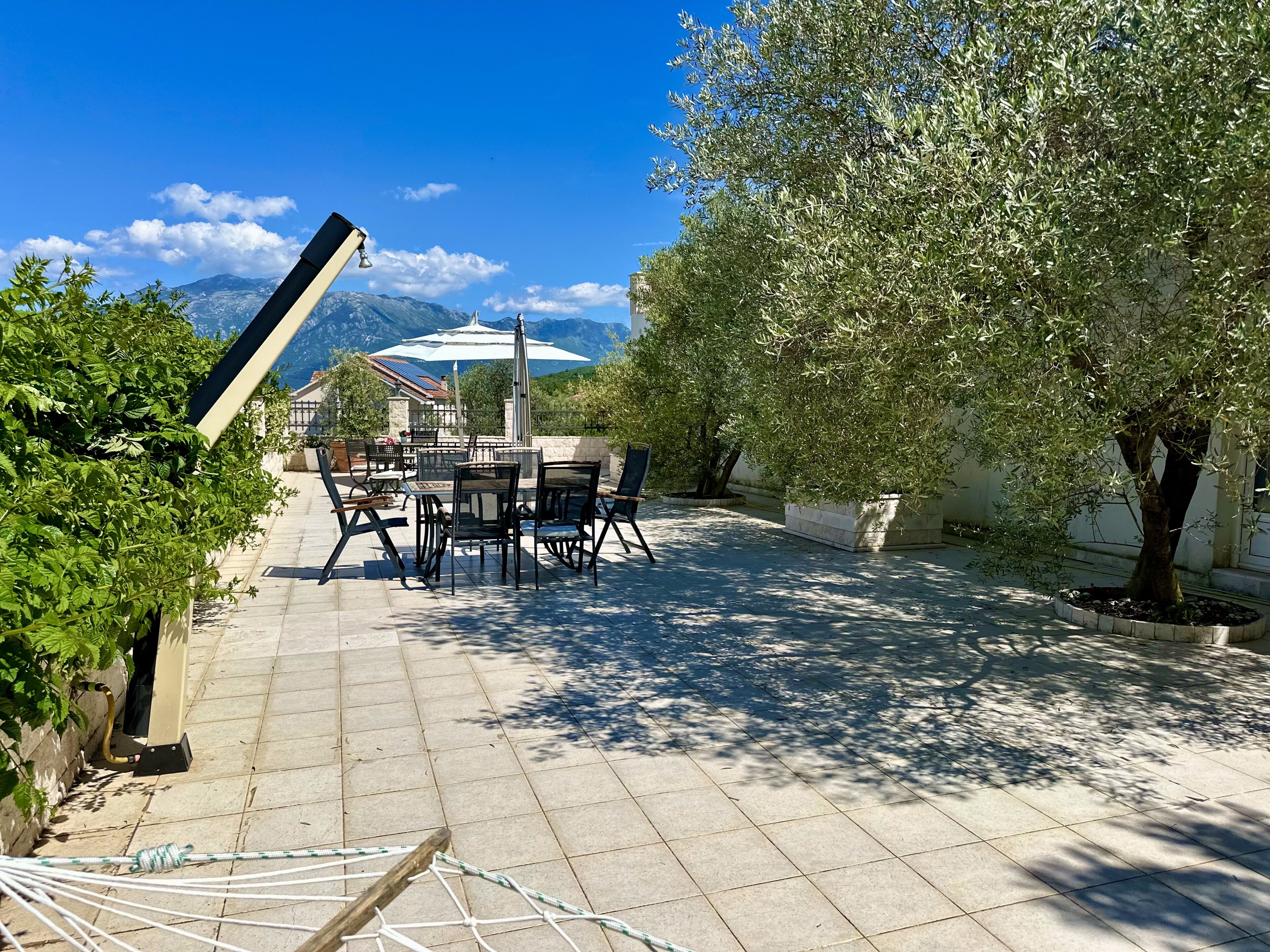 An outdoor patio with a table and chairs, surrounded by olive trees and a view of mountains.
