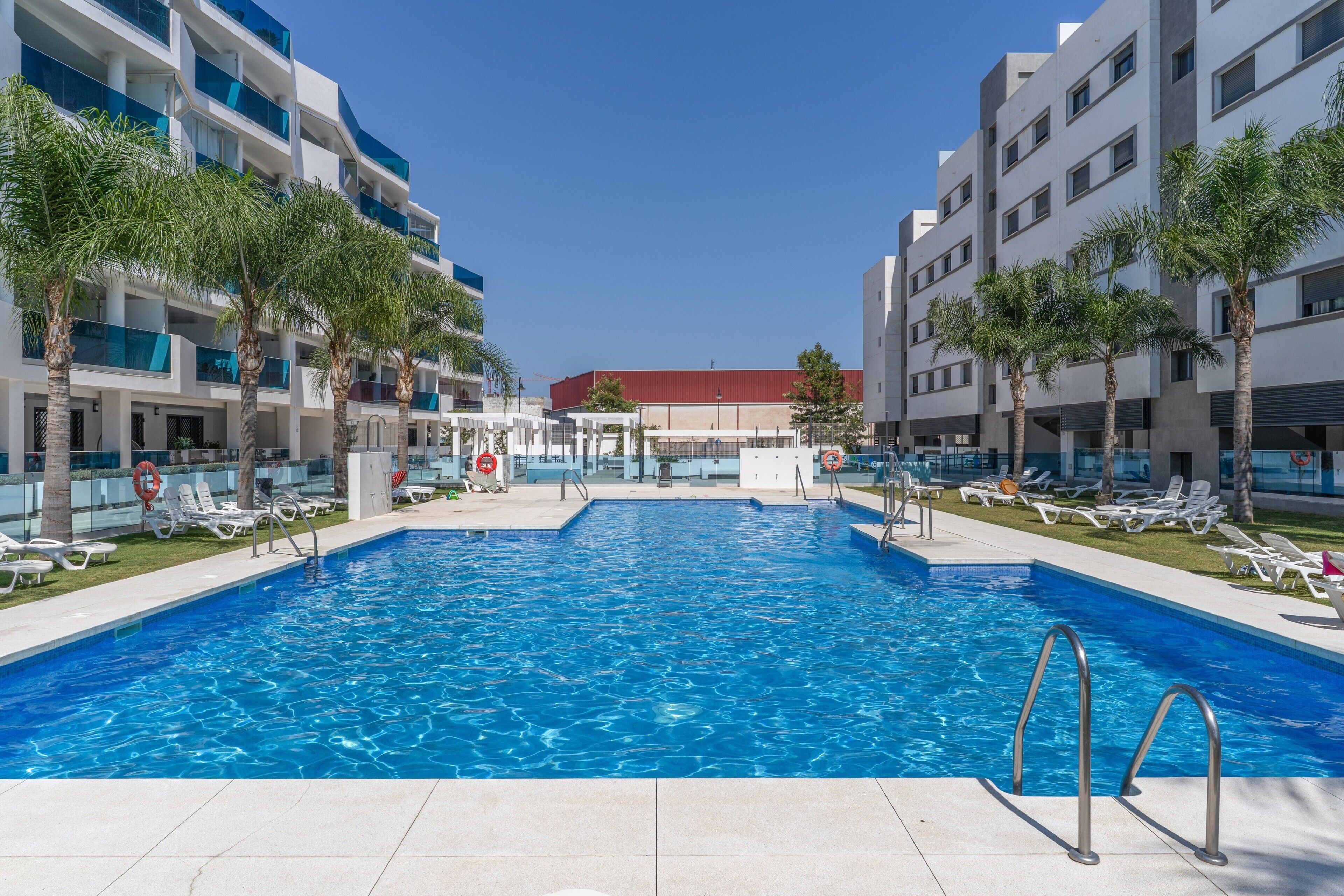 Una piscina con sillones de descanso y palmeras, rodeada de edificios modernos.