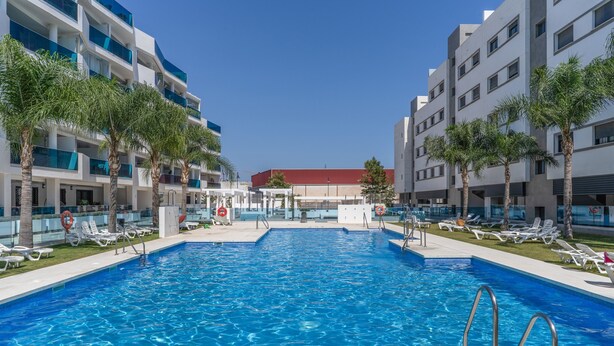 Ein Schwimmbecken mit Liegestühlen und Palmen, umgeben von modernen Gebäuden.