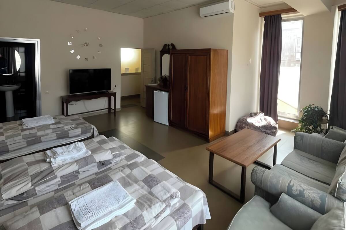 Habitación de hotel con una cama grande, un sofá, una mesita, un televisor, un armario y una kitchenette.