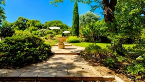 Un sendero de jardín que lleva a una fuente con escalones, rodeado de exuberante follaje y árboles.