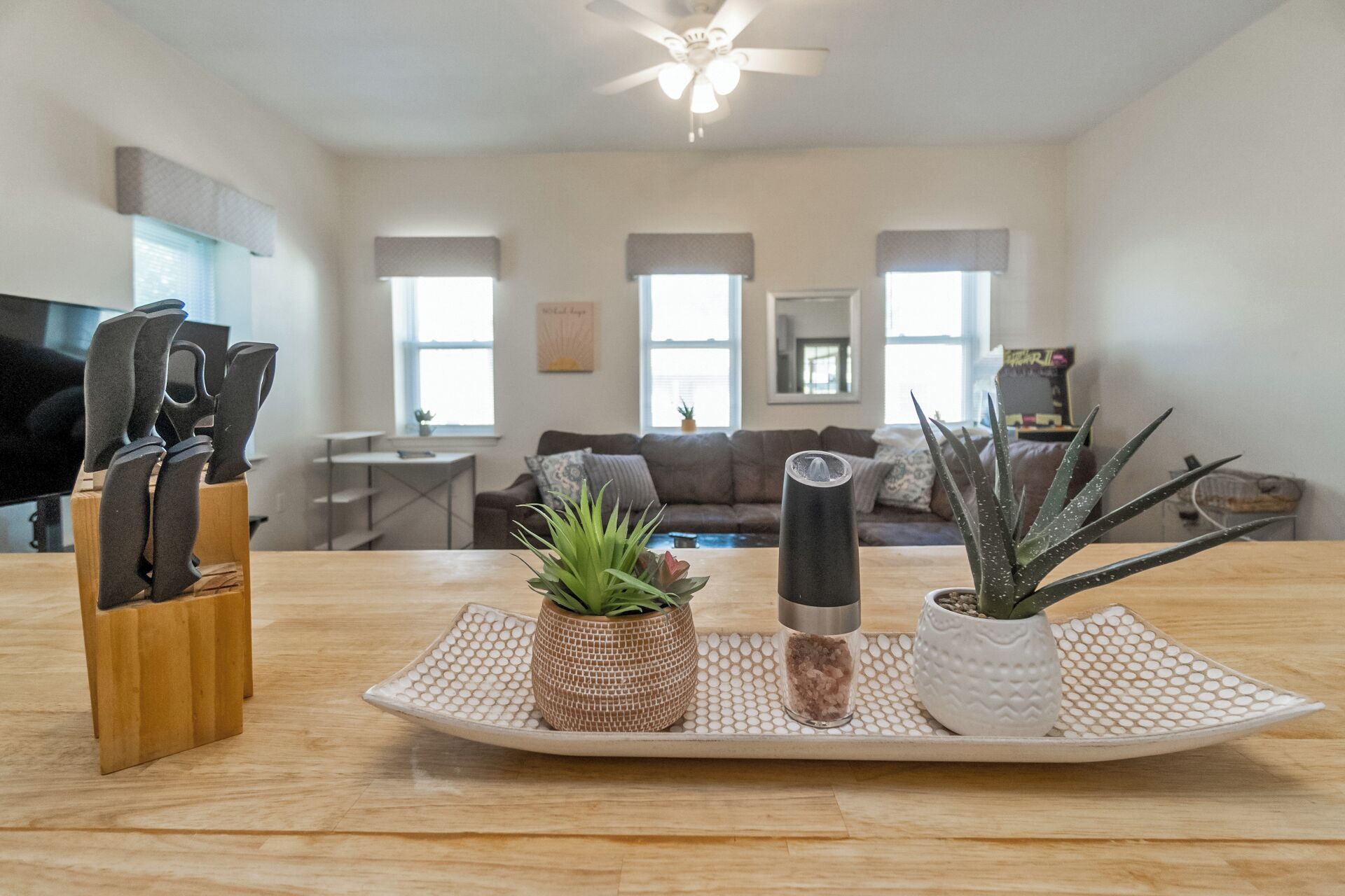 Sala de estar con una mesa de madera, un bloque de cuchillos y plantas en macetas.