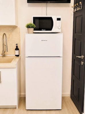 A compact kitchen with a white refrigerator, a microwave, a sink, and a potted plant. - Cozy Boho Studio with Kitchenette & Bath (Bucharest)