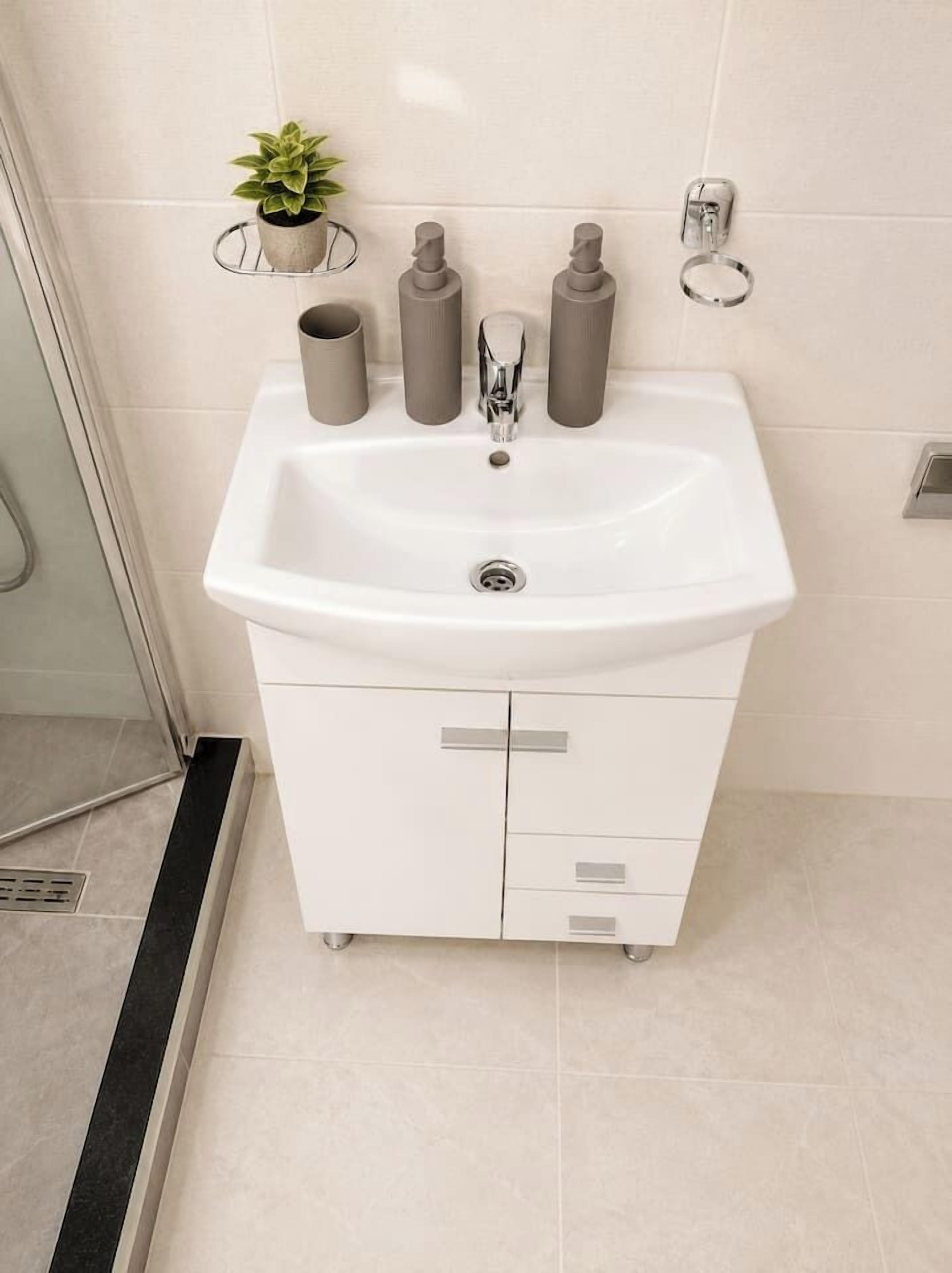 Un baño con un lavamanos blanco, dos dispensadores de jabón, una planta pequeña en maceta y un perchero para toallas.