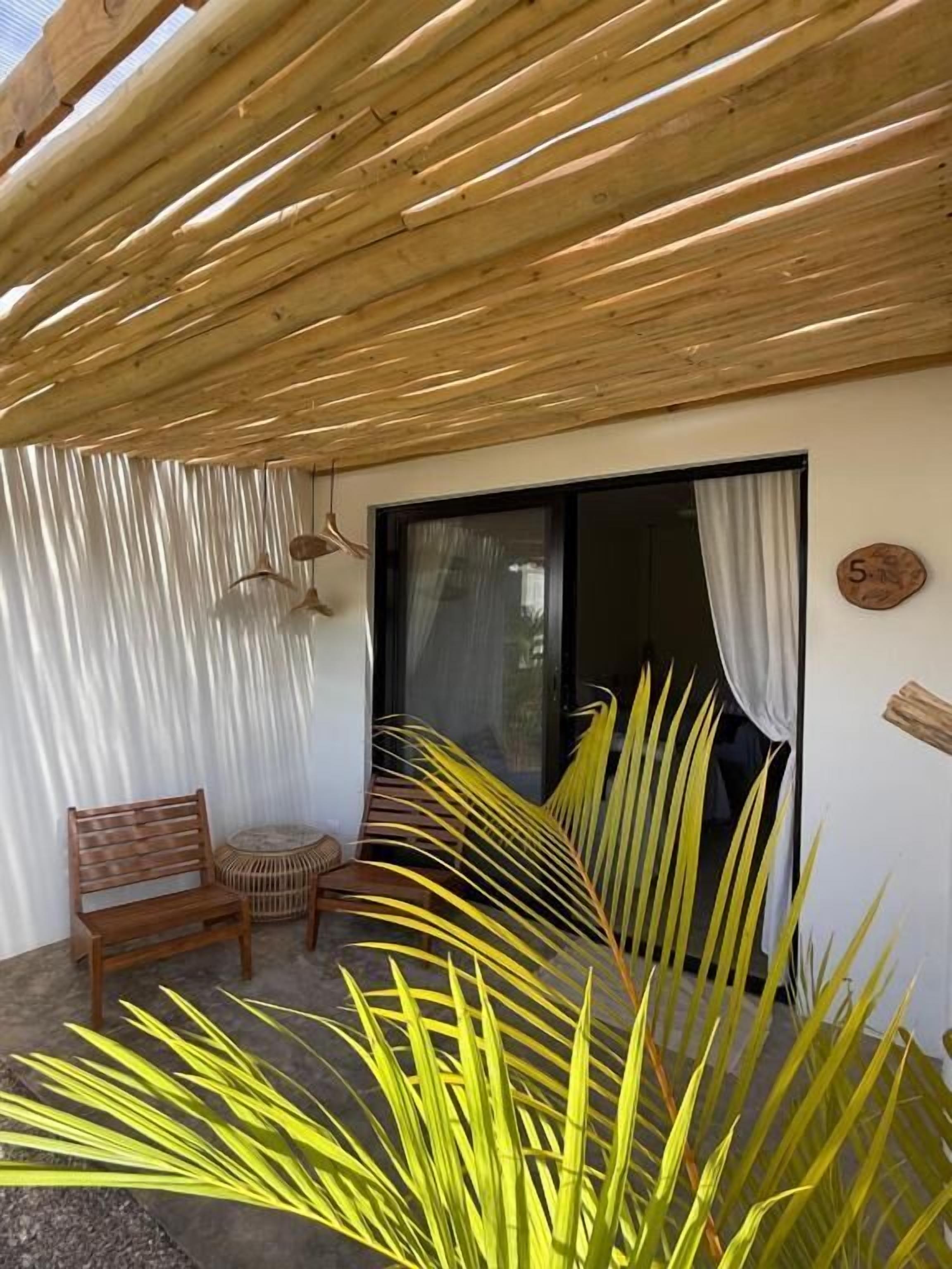 A wooden ceiling, a window with curtains, a wooden bench, and a plant.