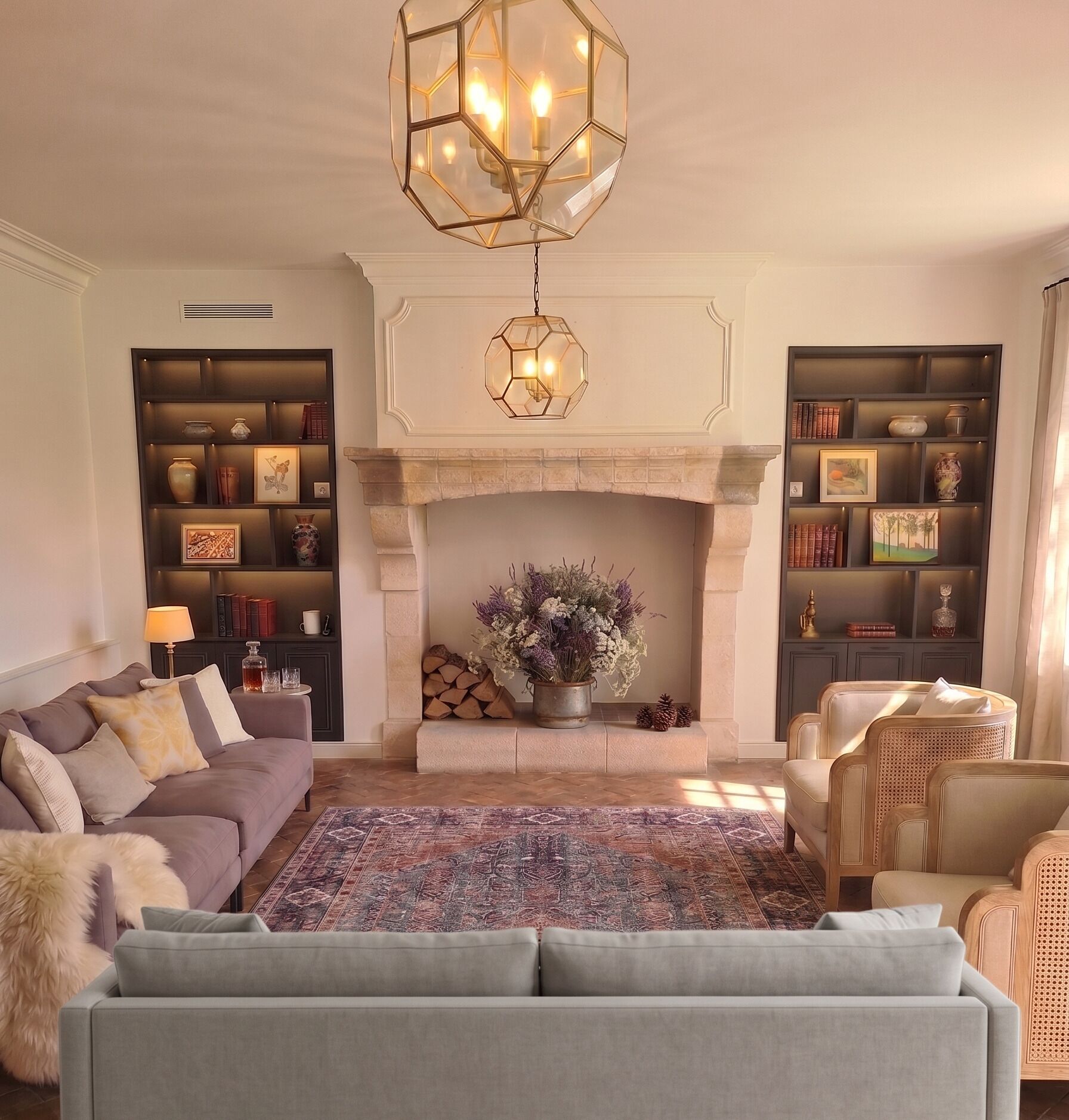 A living room with a fireplace, bookshelves, a sofa, and a patterned rug.
