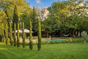 Ein gepflegter Garten mit Swimmingpool, ordentlich geschnittenen Hecken und hohen Bäumen.