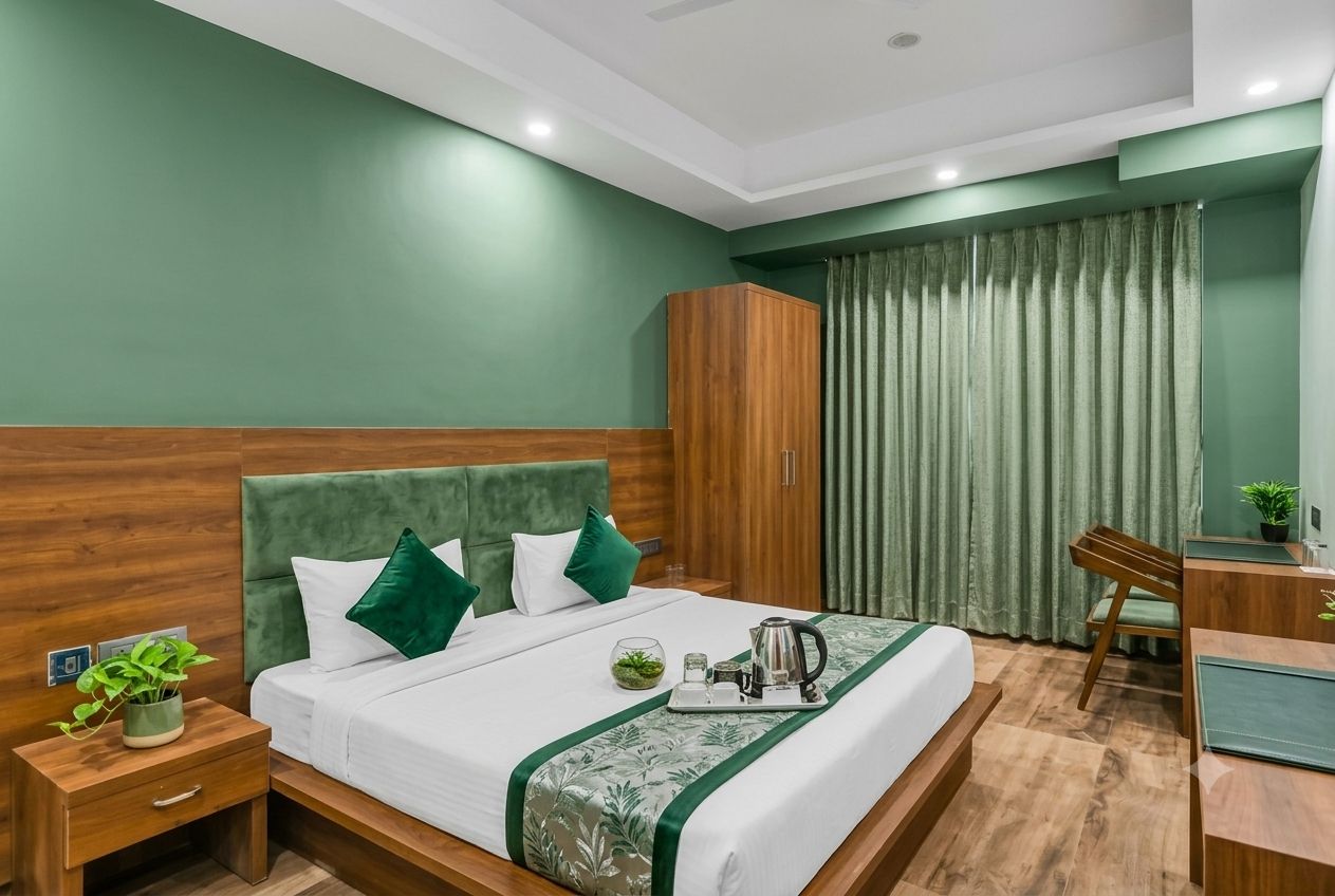 A hotel room with a bed, a wooden wardrobe, a desk with a chair, and a small plant on the nightstand.