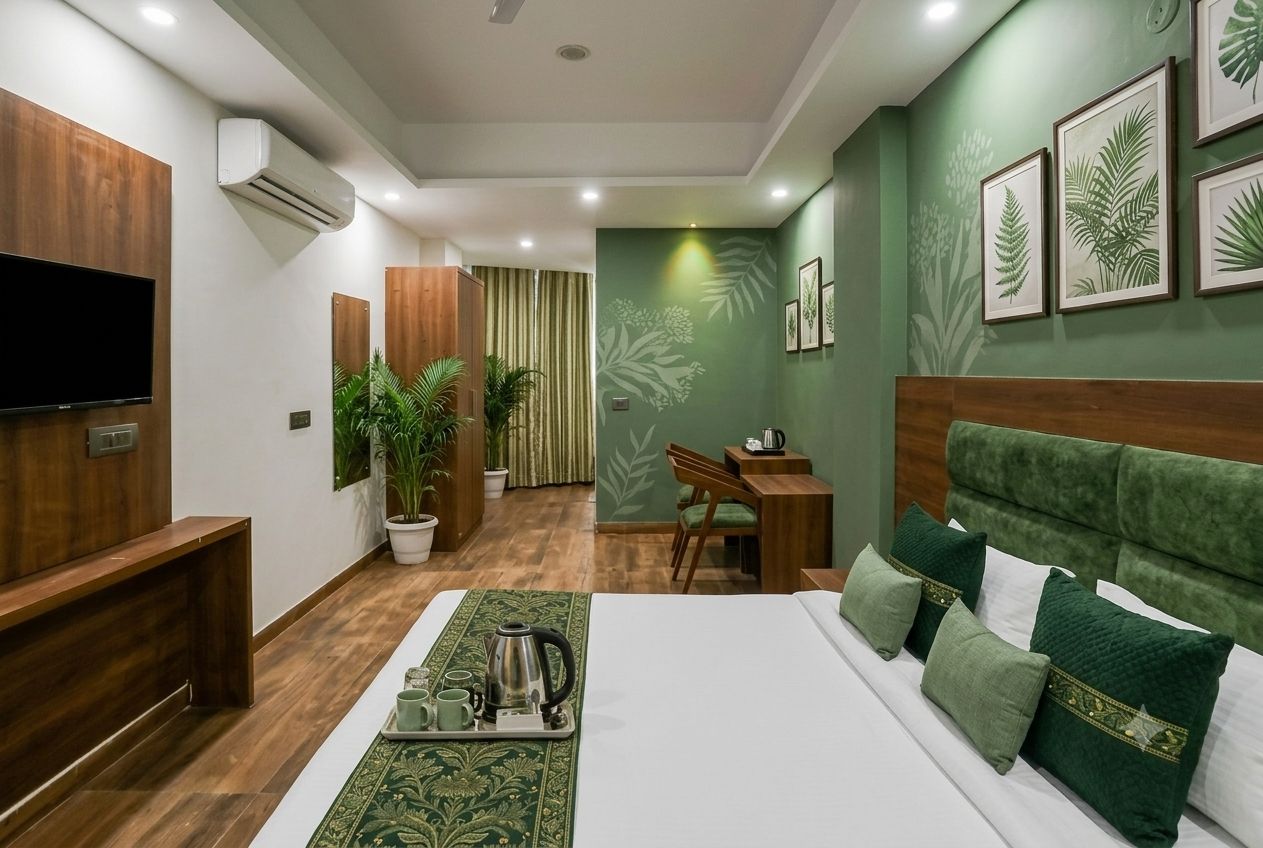 A hotel room with a bed, a desk, a chair, a television, and a coffee table with a tray of tea and a kettle.