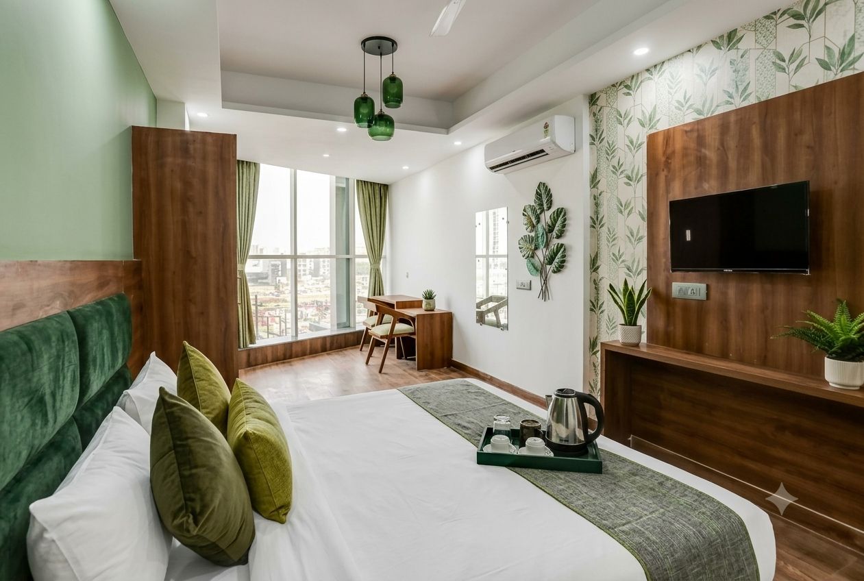 A hotel room with a bed, a desk, a TV, and a window with a city view.
