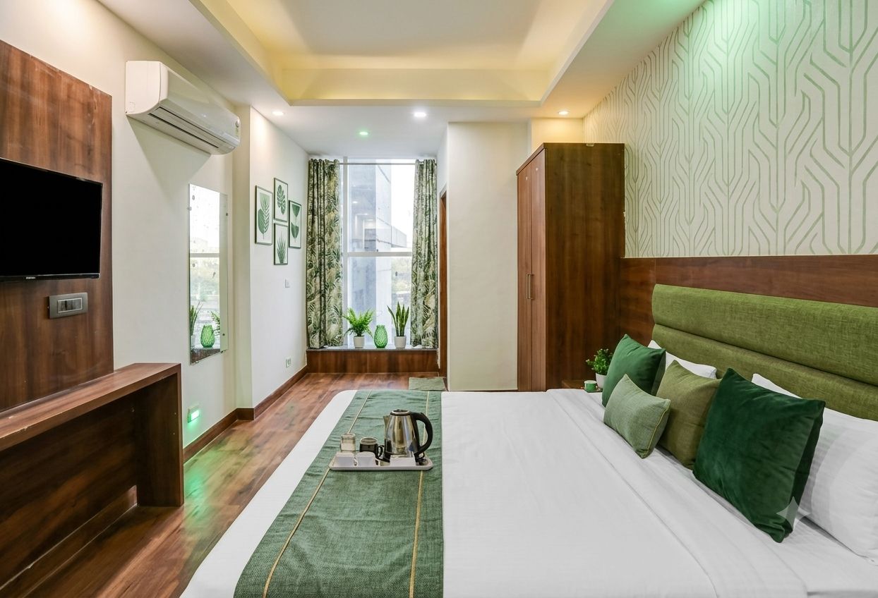 A hotel room with a bed, a television, a window with curtains, and a wall-mounted air conditioner.