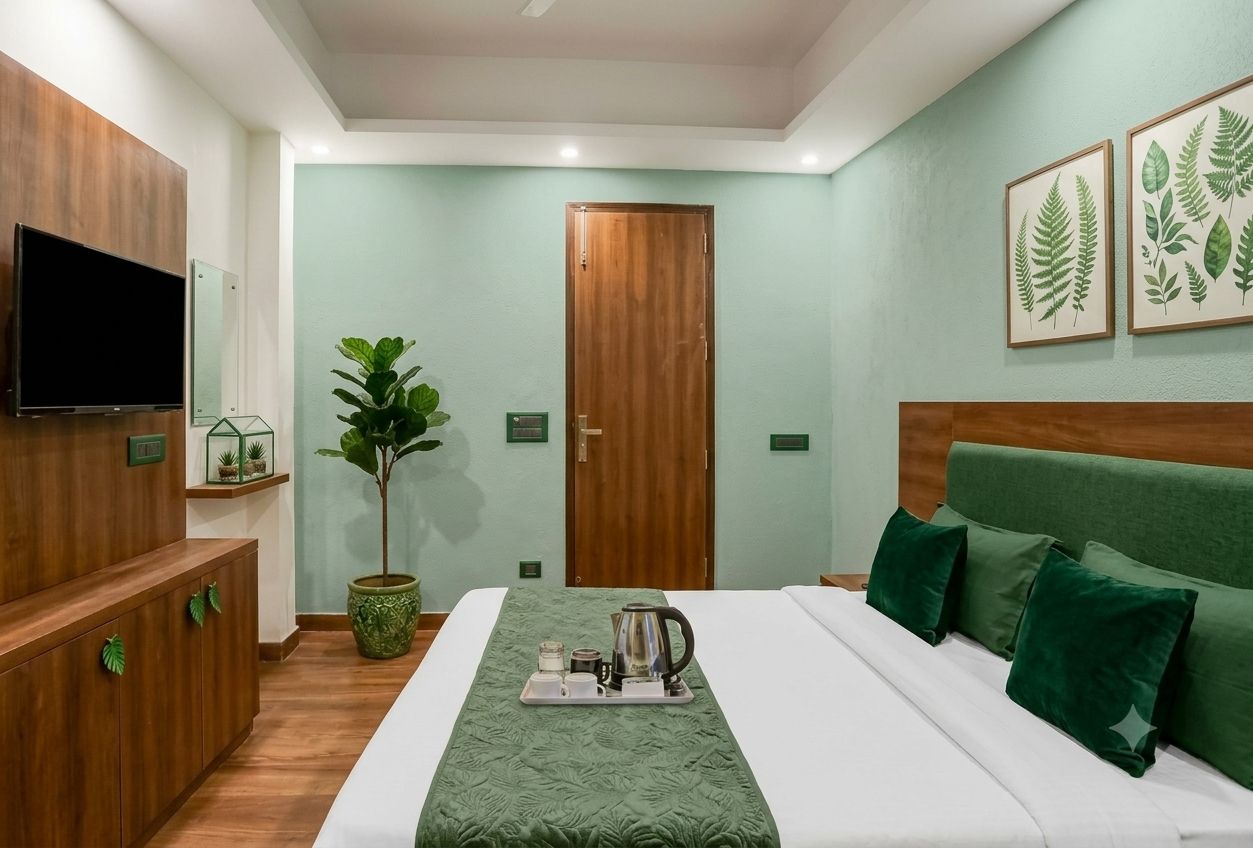 A hotel room with a bed, a television, a plant, and artwork on the wall.