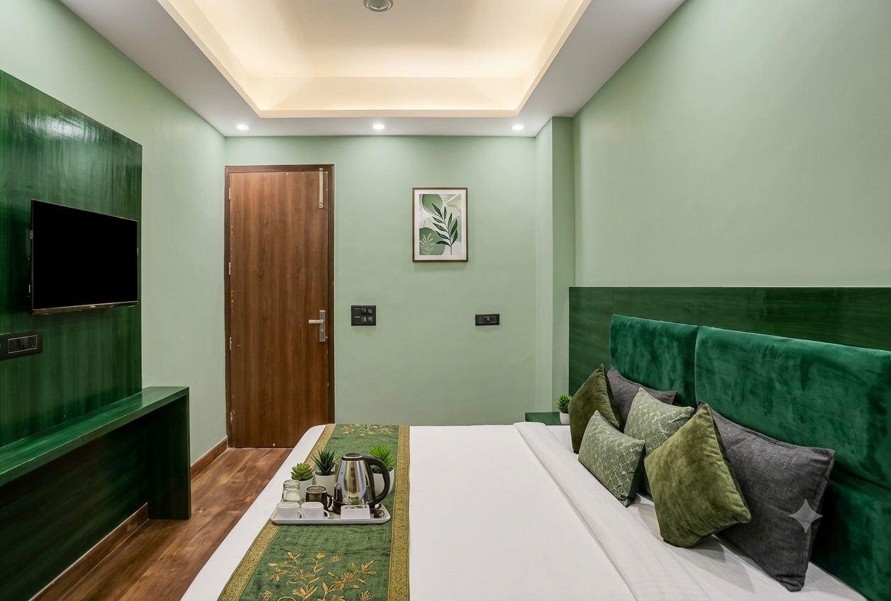 A bedroom with a bed, a TV, a wooden door, and a green wall.