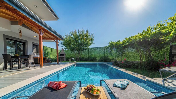 A swimming pool with lounge chairs, a table with fruit, and a pergola structure.
