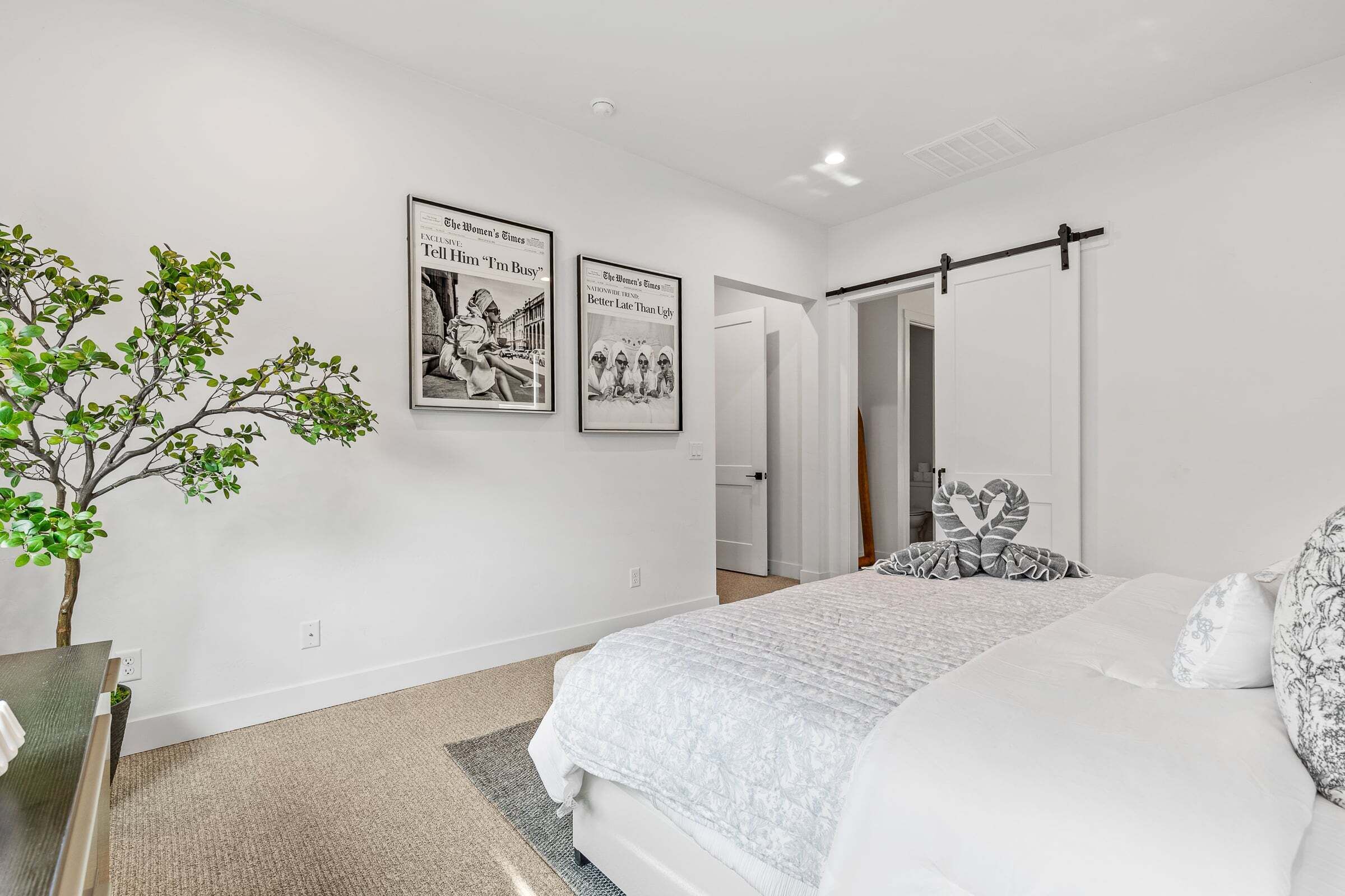 A bedroom with a bed, a potted plant, and two framed posters on the wall.
