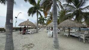 Ein Strand mit Palmen, Reetdachschirmen und weißen Liegestühlen.