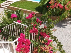 Un jardín con flores rosadas, una cerca blanca y una piscina al fondo.