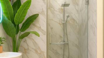 Shower, towels, toilet paper