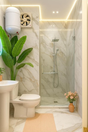 Douche, serviettes fournies, papier toilette
