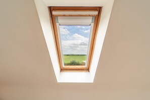Ein Oberlichtfenster mit Blick auf ein grünes Feld und einen bewölkten Himmel.