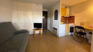 A compact living space with a sofa, a television on a small table, a kitchenette with a sink and a coffee maker, and a door leading to another room. - Studio cabin near naturist village - 4 guests (Cap d'Agde)