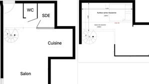 Plano de planta con cocina, baño y salón.