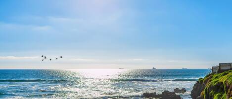A coastal scene with rocky terrain, clear skies, and distant ships.