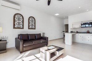Apartment, 1 Queen Bed with Sofa bed, Partial Ocean View (Jr Suite 3 - Playa Arcangel) | Living area - Dog-friendly Beach Haven With Heated Pool, Hot Tub, Kitchenette, Patio, AC (Playas de Rosarito)