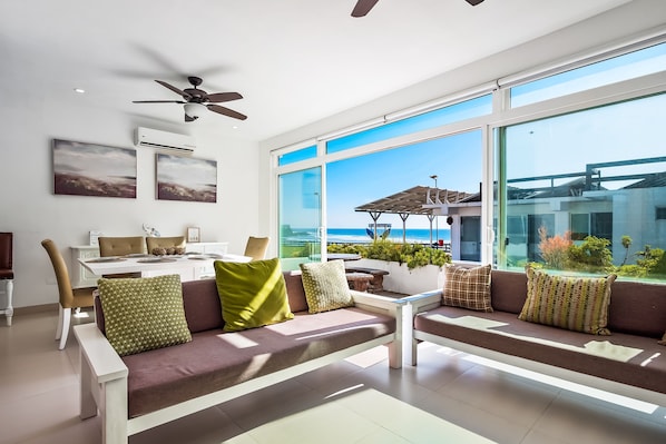 Villa, Multiple Beds, Kitchen, Ocean View (Villa Olivo 45 - Playa Arcangel) | Living area - Peaceful Dog-friendly Villa With Outdoor Pool, Rooftop Patio, Beach Views, & AC (Playas de Rosarito)