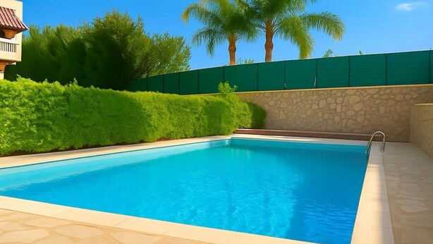 Une piscine rectangulaire à l’eau d’un bleu limpide, entourée d’une terrasse dallée de pierres, d’une haie verdoyante et d’un mur en pierre.
