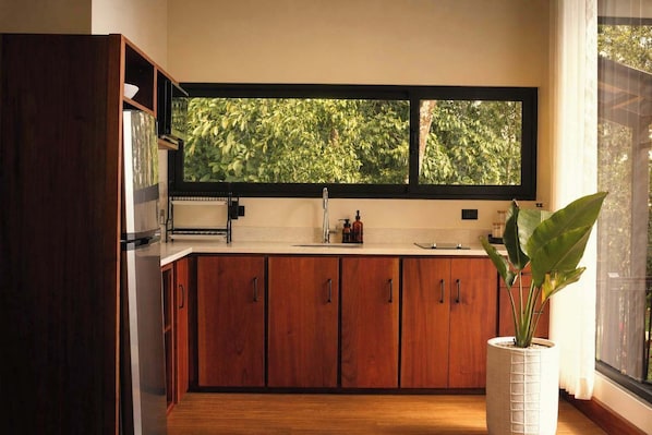 Eine Küche mit Holzschränken, einem Fenster mit Blick auf Grünflächen und einem Blumentopf.