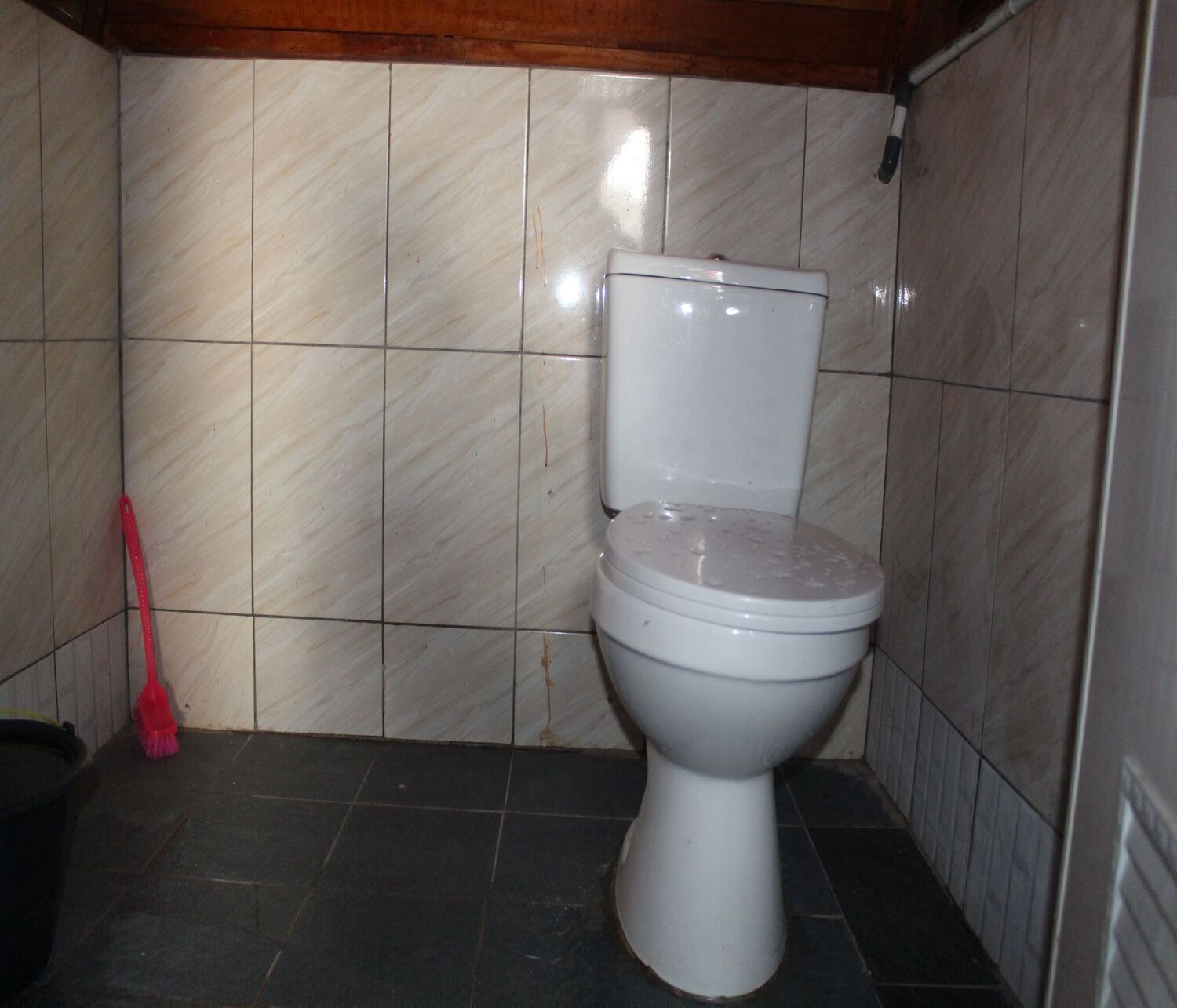 A bathroom with a toilet, a mop, and a trash bin.