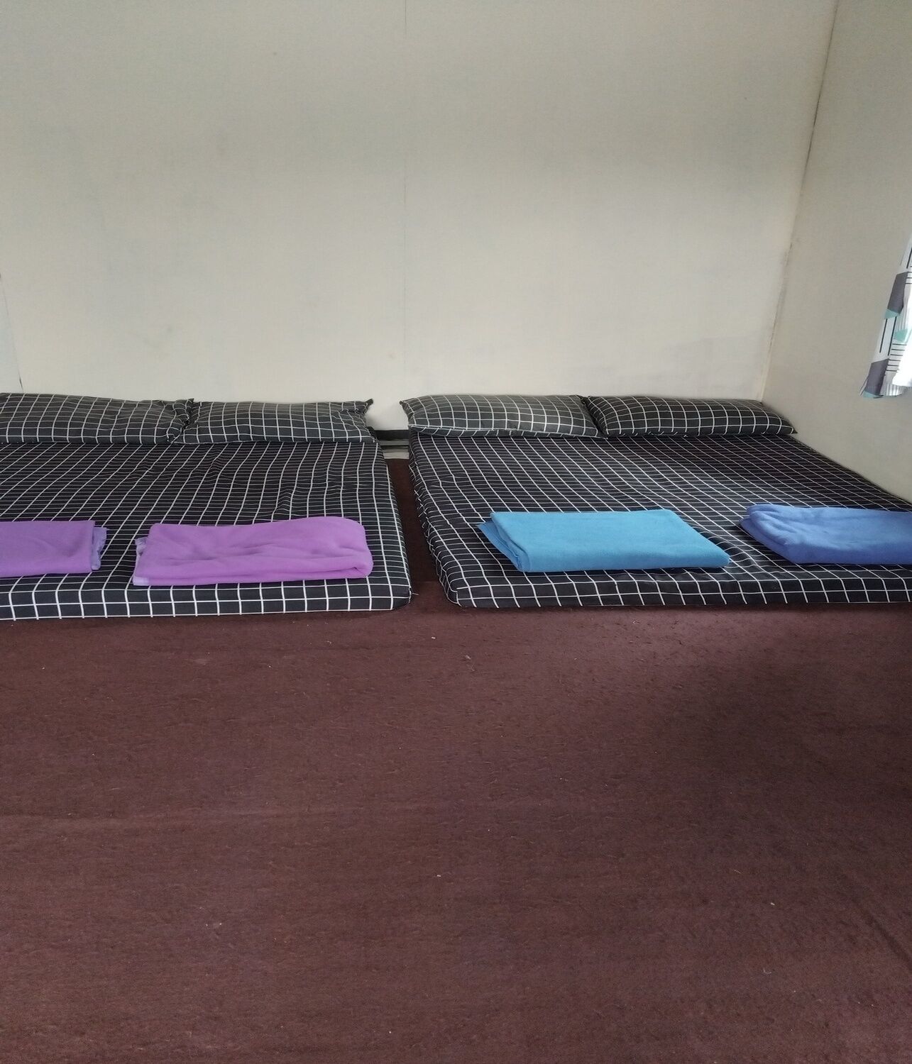 A room with two beds, each with a checkered bedspread and pillows.