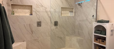 Hair dryer, towels, soap, toilet paper