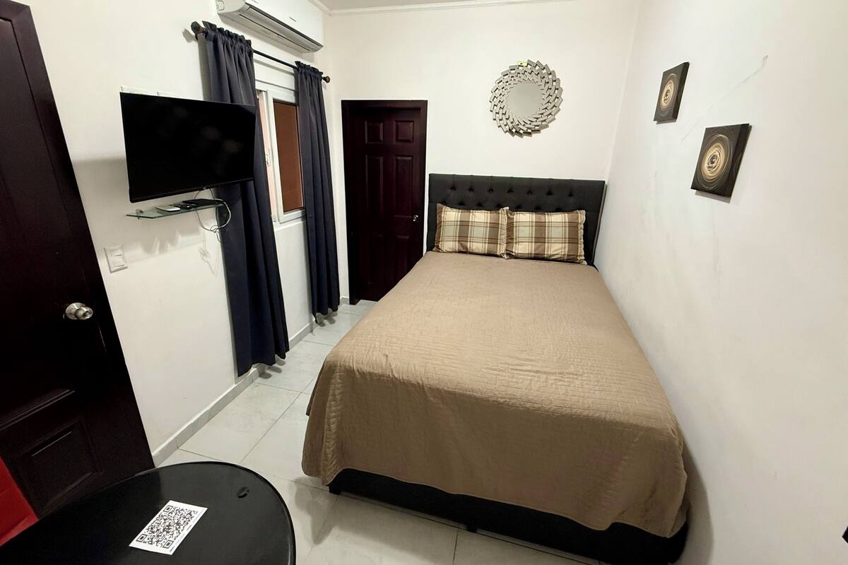 Un dormitorio con cama, televisor, puerta y aire acondicionado.