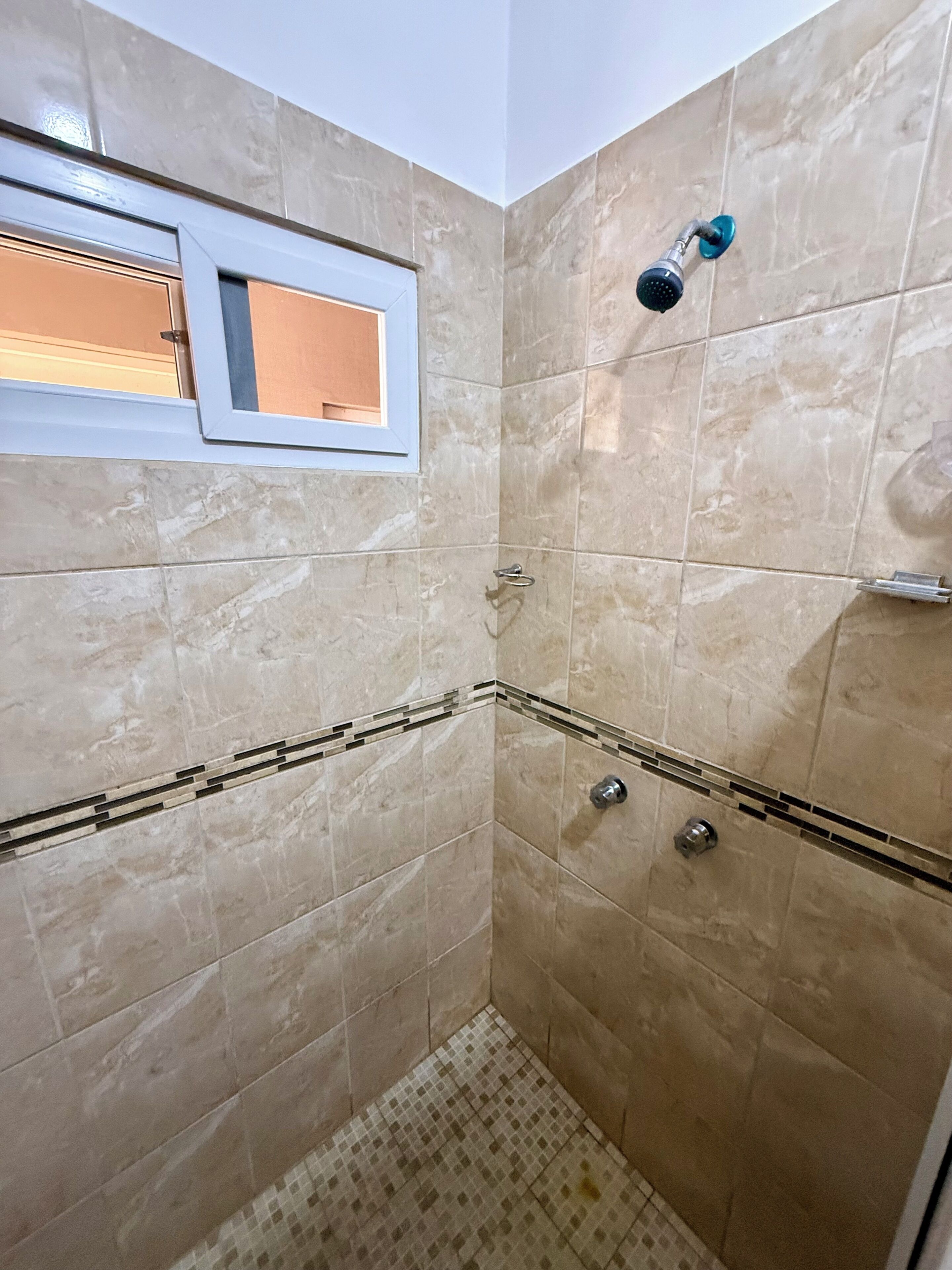 Eine Dusche mit Handbrause, einem Fenster und einem gefliesten Boden.