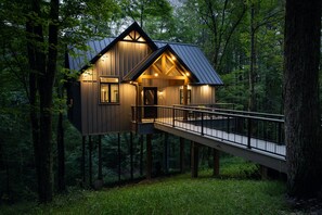 Une cabane dans les arbres avec un balcon et un escalier en métal.