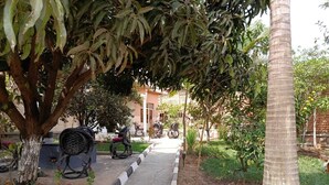 A pathway lined with trees and a bench, leading to a building with a brick facade. - Sunset Retreat Home (Kigali city)