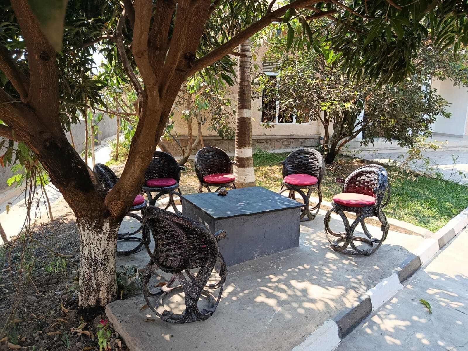 Un espace extérieur aménagé avec des chaises et une table en osier, entouré d’arbres et d’une pelouse verdoyante.