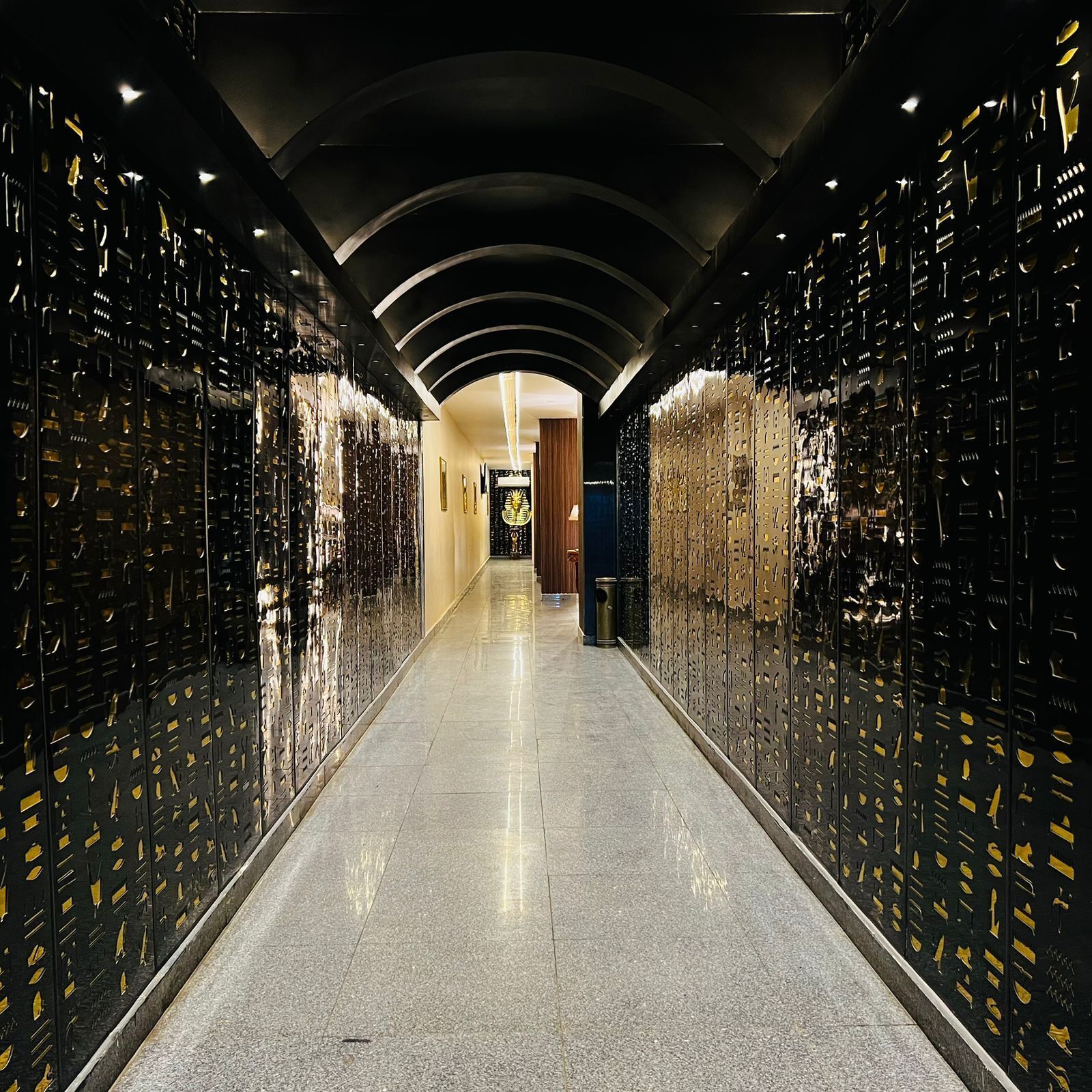 A hallway with a reflective floor and walls lined with lockers.