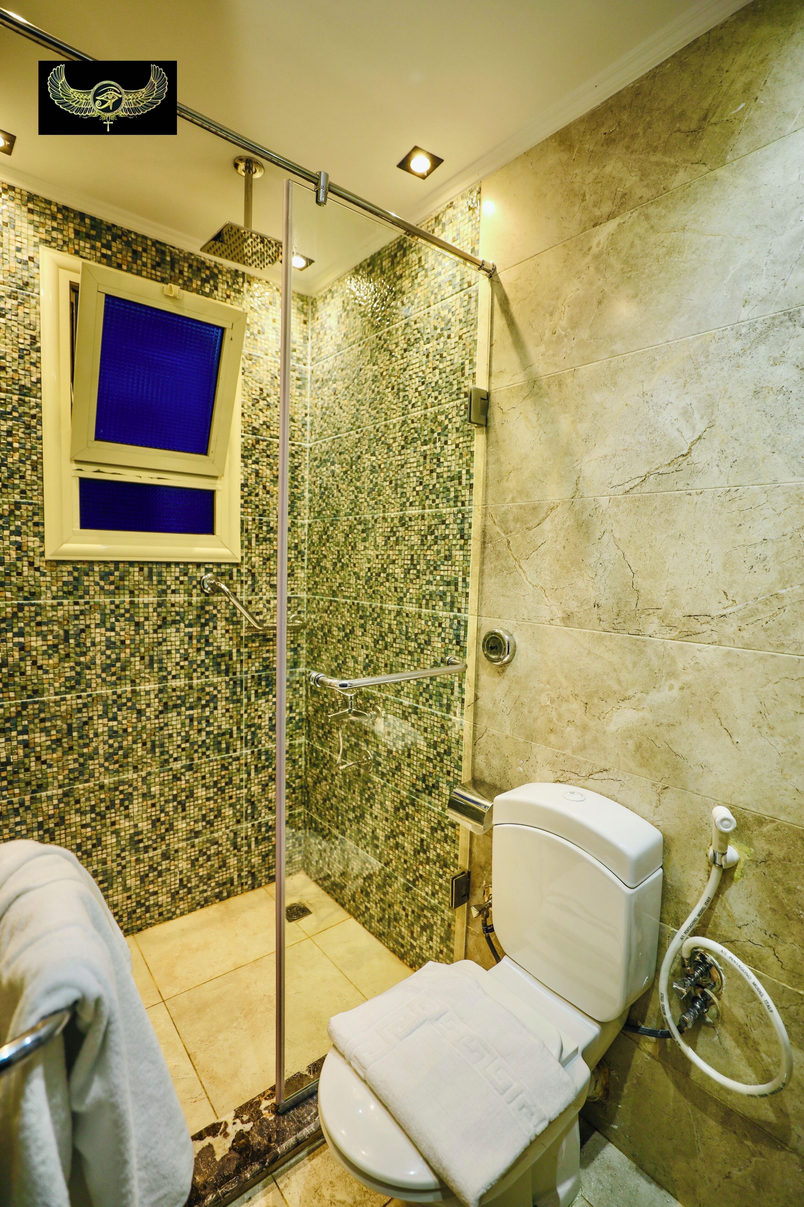 Un baño con ducha, inodoro y ventana de tono azul.
